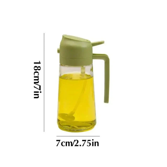 Two-in-One Oil Dispenser: Spray and Pour Functions Combined: light green, transparent 2-in-1 oil sprayer and pourer bottle, m