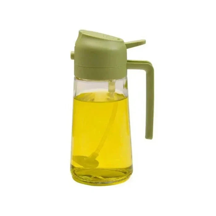 Two-in-One Oil Dispenser: Spray and Pour Functions Combined: light green, transparent 2-in-1 oil sprayer and pourer bottle, m