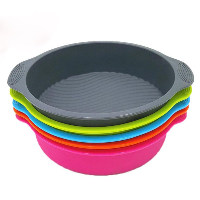 Two Pieces Set of 9-inch Circular Silicone Cake Molds for DIY 3D Cake Shapes: dark gray, lime green stacked round baking pans