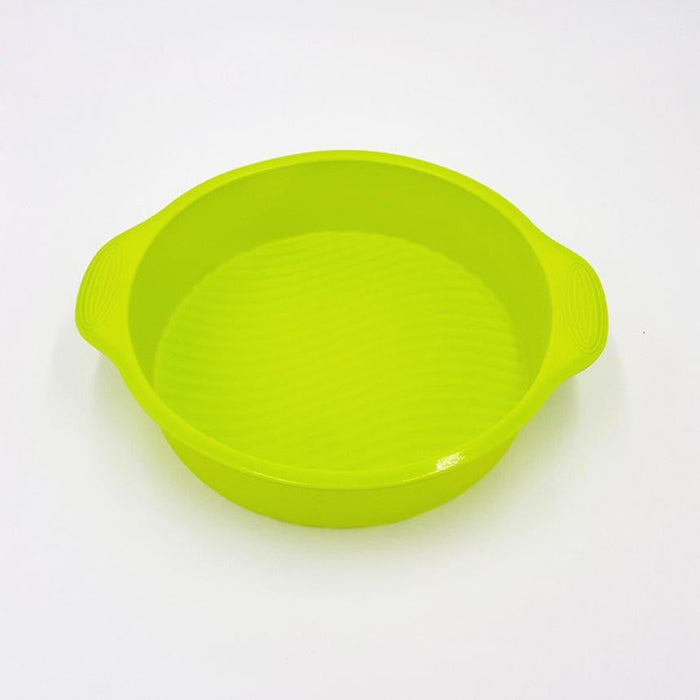 Two Pieces Set of 9-inch Circular Silicone Cake Molds for DIY 3D Cake Shapes: dark gray, lime green stacked round baking pans