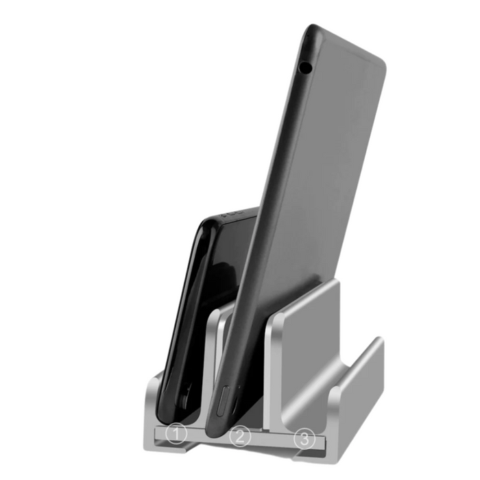 Two Slot Vertical Notebook Holder: gray, black multi-device charging/holding stand, minimal style