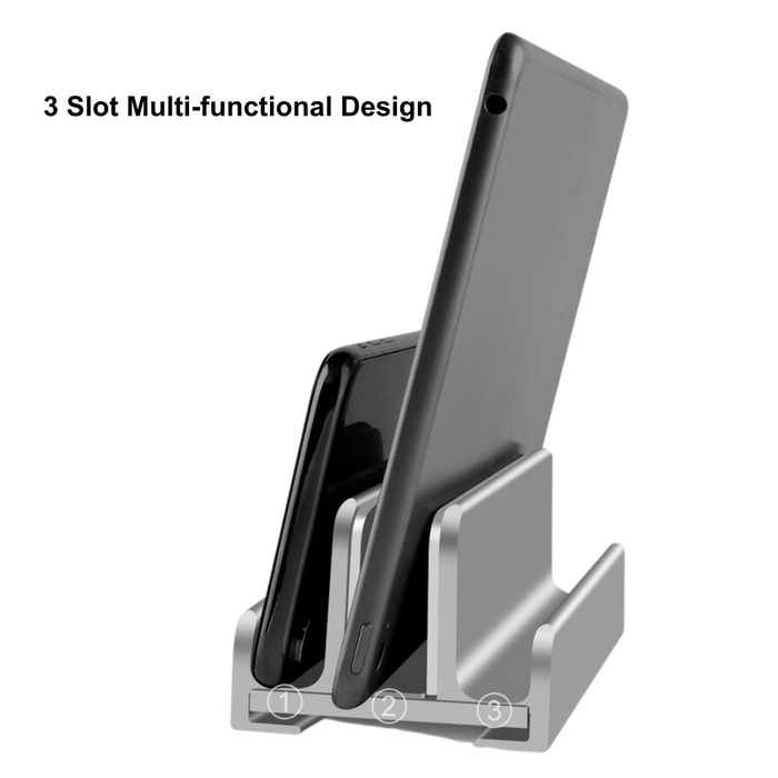 Two Slot Vertical Notebook Holder: gray, black multi-device charging/holding stand, minimal style