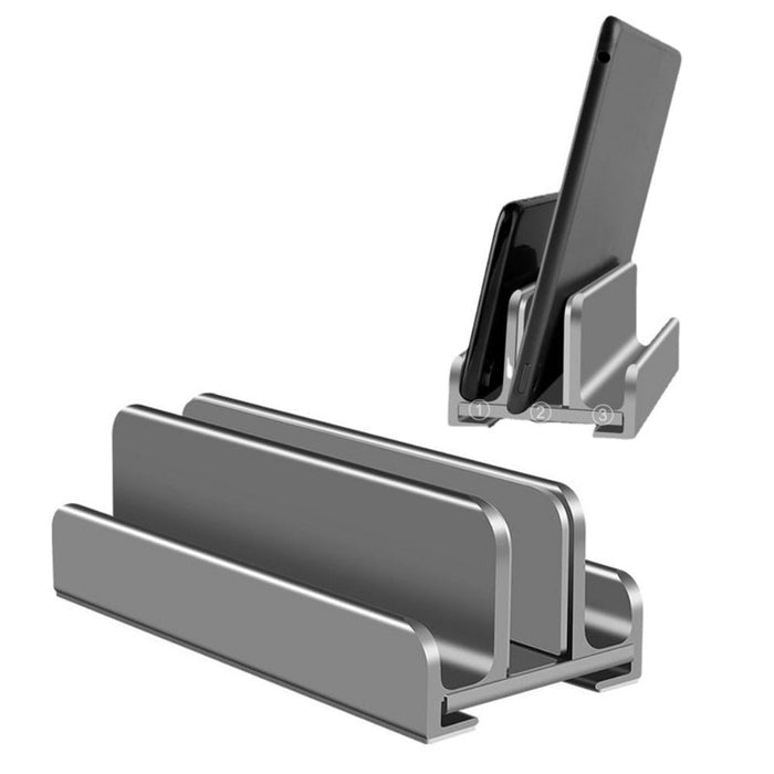 Two Slot Vertical Notebook Holder: gray, black multi-device charging/holding stand, minimal style