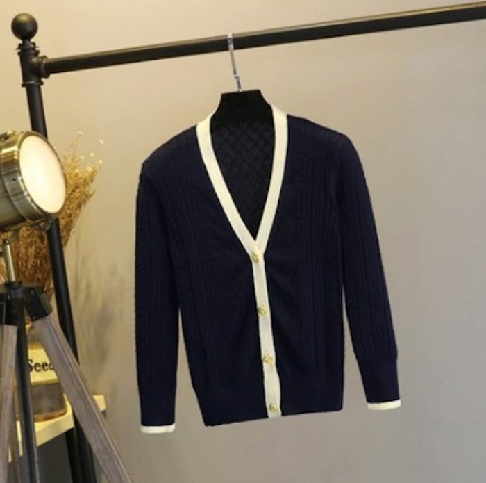 Two-Tone Cropped Cable Knit Cardigan for Women: cream, navy women's cardigan and skirt outfit, feminine preppy style