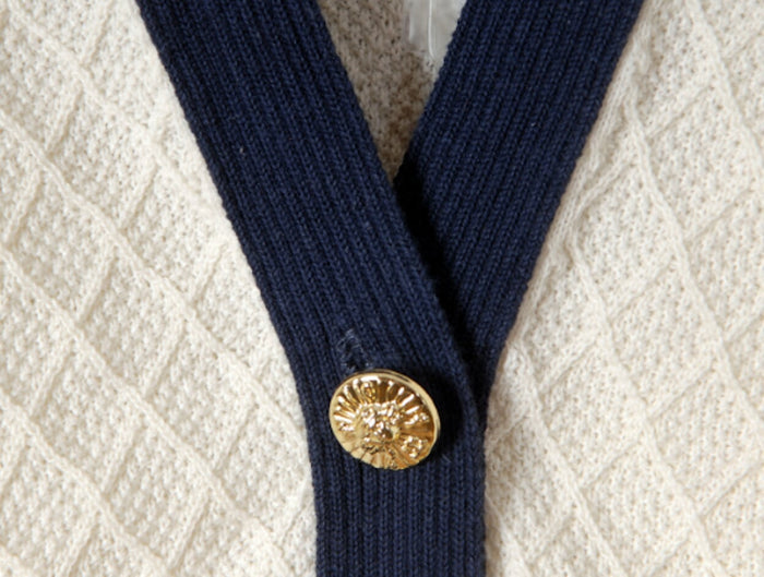 Two-Tone Cropped Cable Knit Cardigan for Women: cream, navy women's cardigan and skirt outfit, feminine preppy style