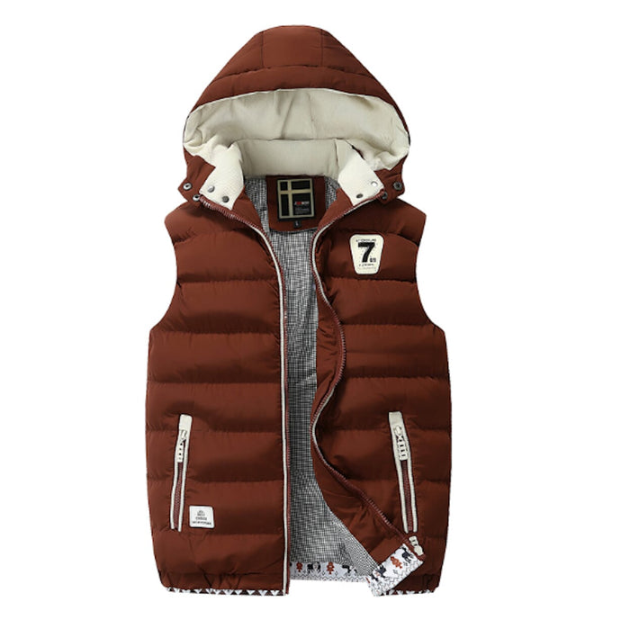 Two Tone Khaki Hooded Men's Puffer Vest: beige, off-white hooded puffer vest, casual sporty style
