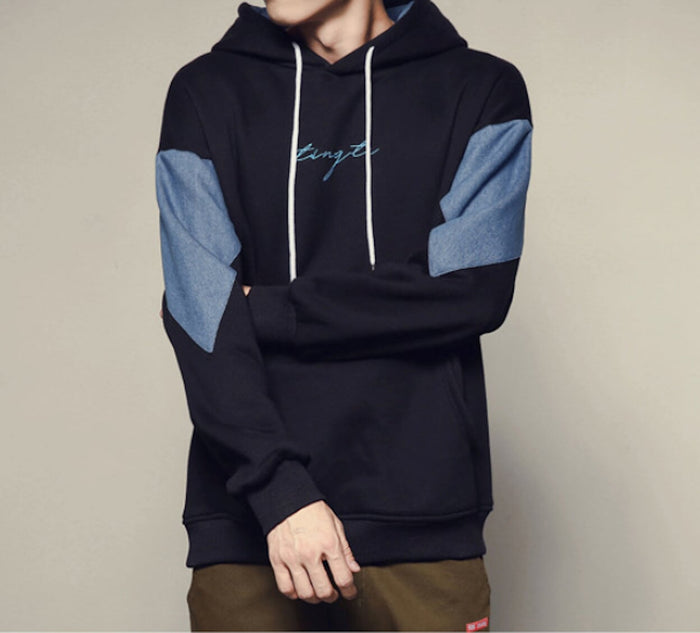 Two Tone Pocketed Hoodie for Men: dark navy, light blue hooded sweatshirt, casual streetwear style