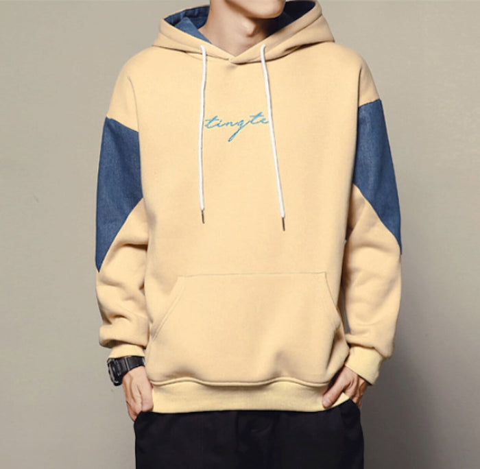 Two Tone Pocketed Hoodie for Men: dark navy, light blue hooded sweatshirt, casual streetwear style