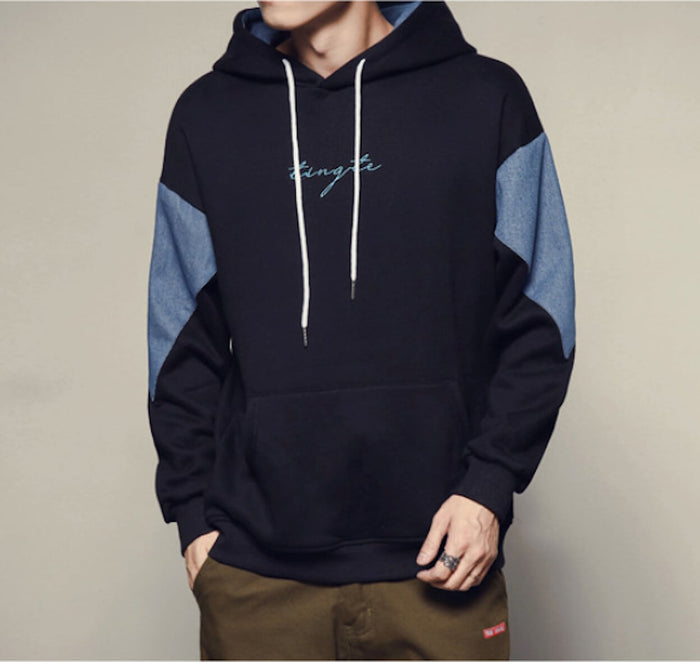 Two Tone Pocketed Hoodie for Men: dark navy, light blue hooded sweatshirt, casual streetwear style