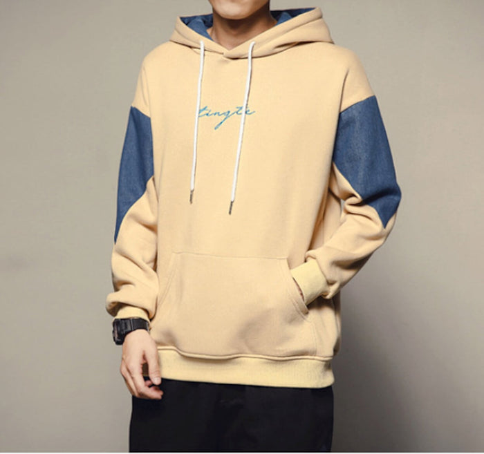 Two Tone Pocketed Hoodie for Men: dark navy, light blue hooded sweatshirt, casual streetwear style