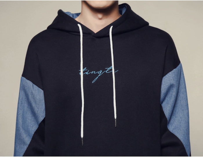 Two Tone Pocketed Hoodie for Men: dark navy, light blue hooded sweatshirt, casual streetwear style