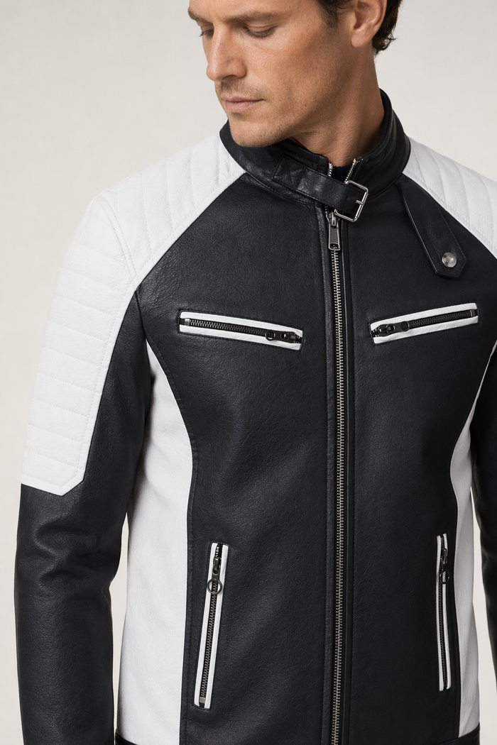 Two-Toned Faux Leather Motorcycle Jacket for Men White