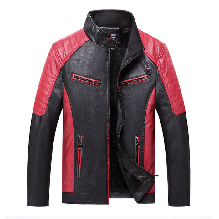 Two-Toned Faux Leather Motorcycle Jacket for Men: black, red jacket, motorcycle/biker style