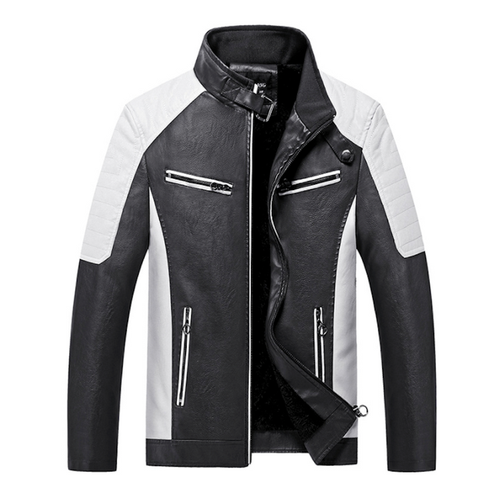 Two-Toned Faux Leather Motorcycle Jacket for Men: black, red jacket, motorcycle/biker style