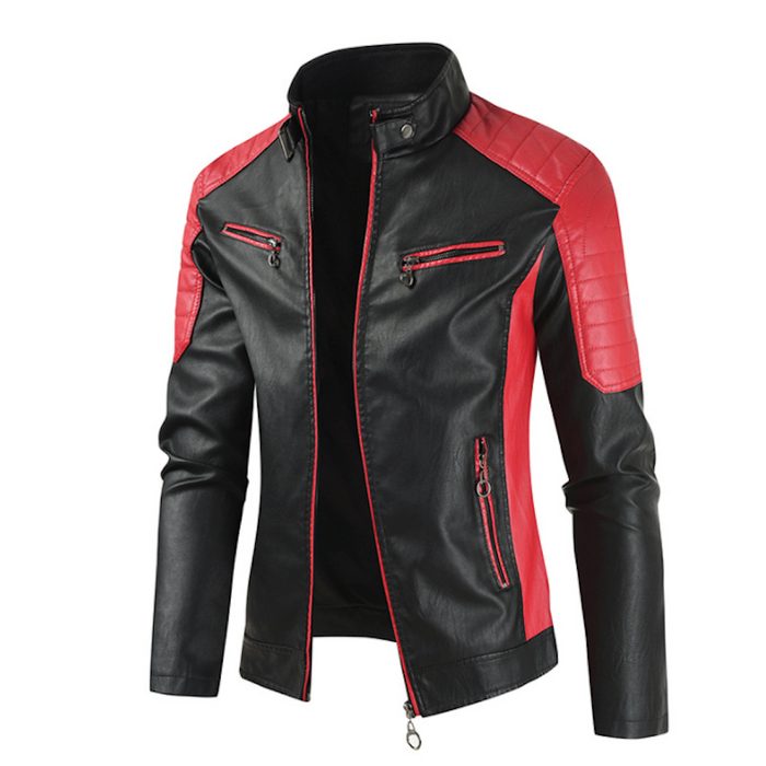 Two-Toned Faux Leather Motorcycle Jacket for Men: black, red jacket, motorcycle/biker style