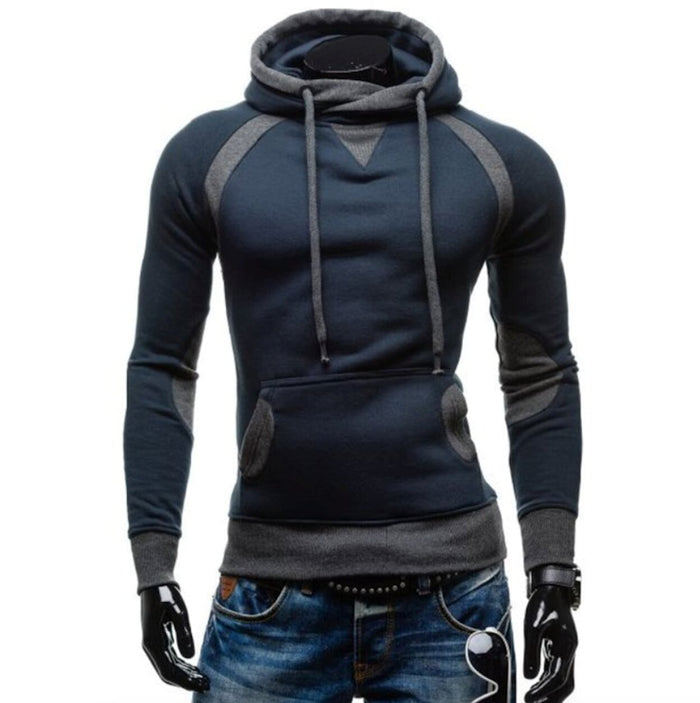 Two-Toned Men's Hoodie featuring Pockets: dark navy blue, gray hooded sweatshirt, sporty casual style