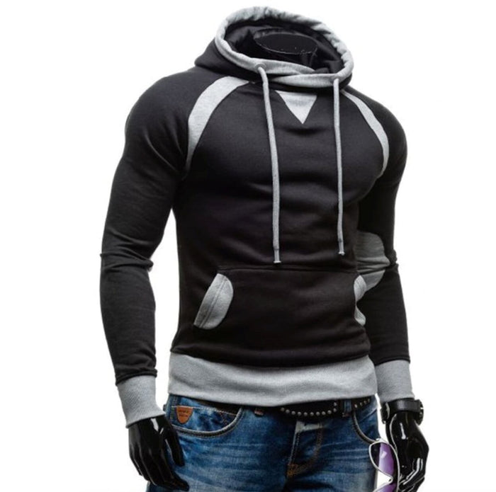 Two-Toned Men's Hoodie featuring Pockets: dark navy blue, gray hooded sweatshirt, sporty casual style