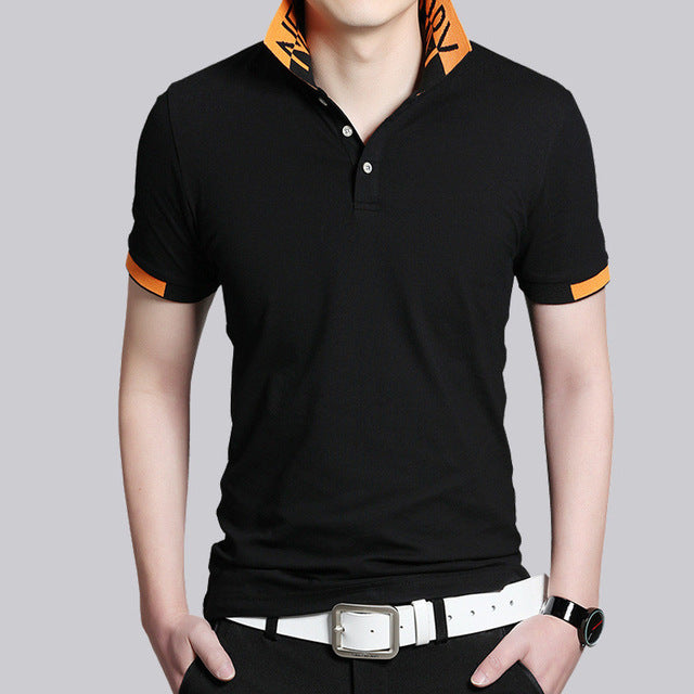 Two-Toned Men's Short Sleeve Polo Shirt: black, orange short-sleeve polo shirt, casual, sporty style