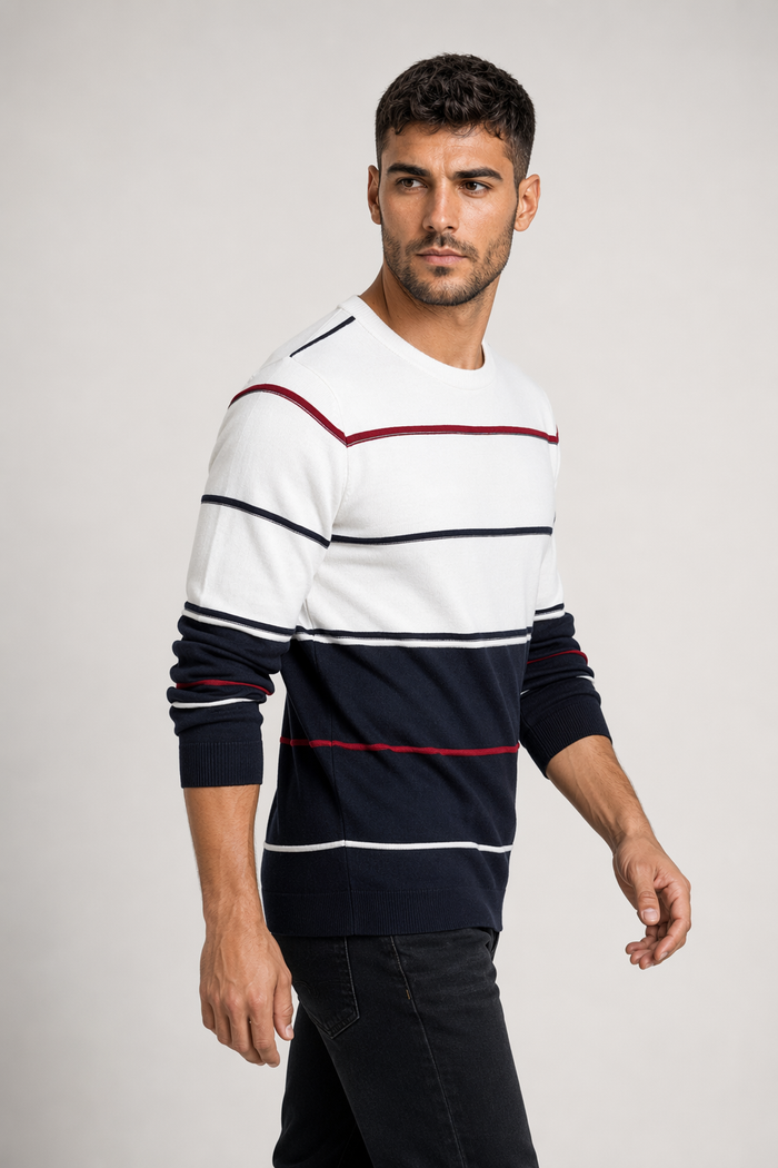 Two-Toned Striped Men's Sweater with Round Neck White