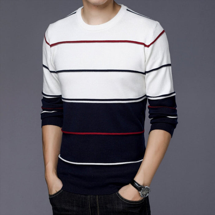Two-Toned Striped Men's Sweater with Round Neck: white, navy blue long-sleeve crewneck sweater, casual minimal style
