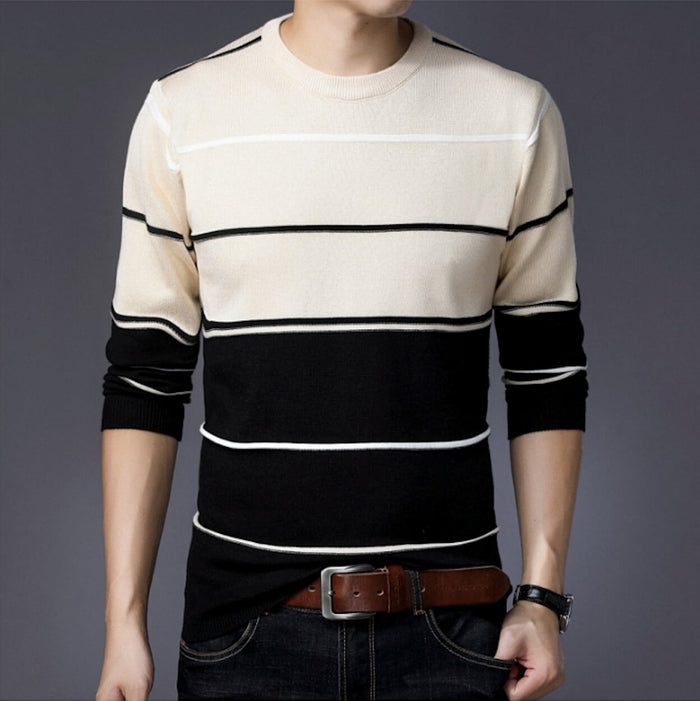 Two-Toned Striped Men's Sweater with Round Neck: white, navy blue long-sleeve crewneck sweater, casual minimal style