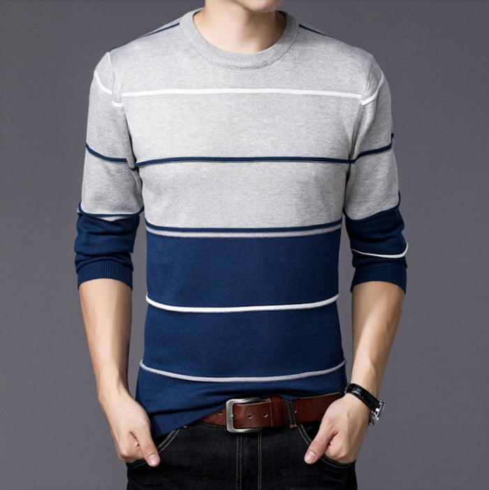 Two-Toned Striped Men's Sweater with Round Neck: white, navy blue long-sleeve crewneck sweater, casual minimal style