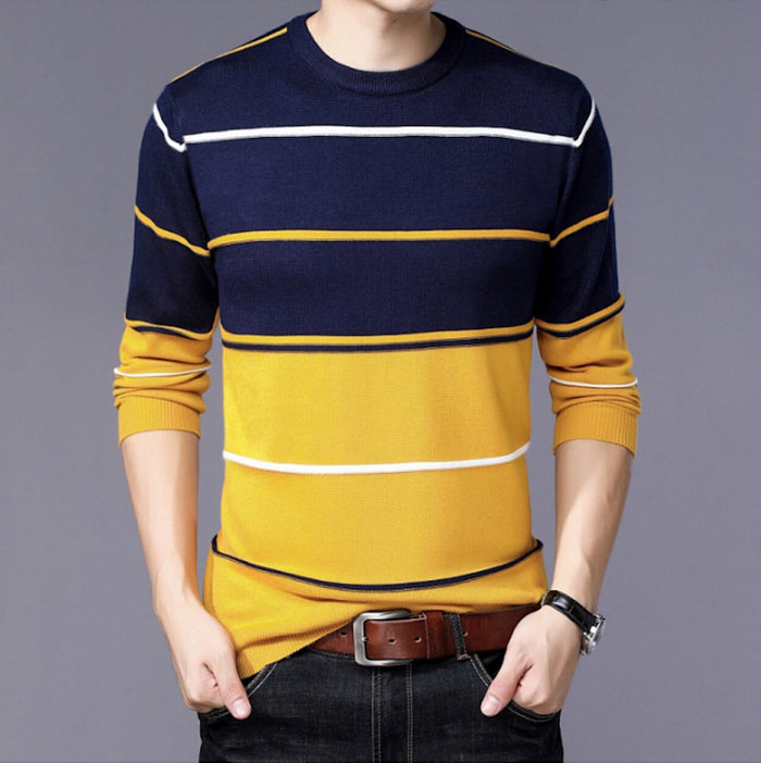Two-Toned Striped Men's Sweater with Round Neck: white, navy blue long-sleeve crewneck sweater, casual minimal style
