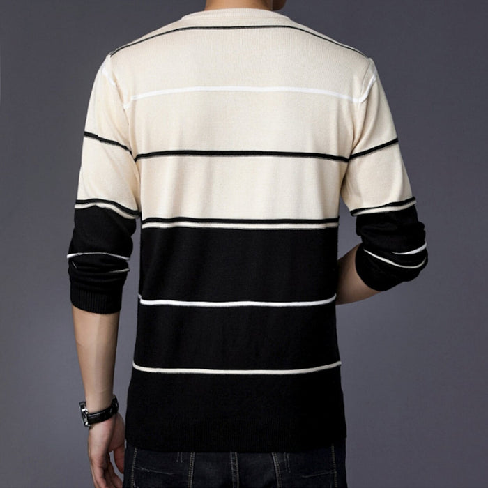 Two-Toned Striped Men's Sweater with Round Neck: white, navy blue long-sleeve crewneck sweater, casual minimal style