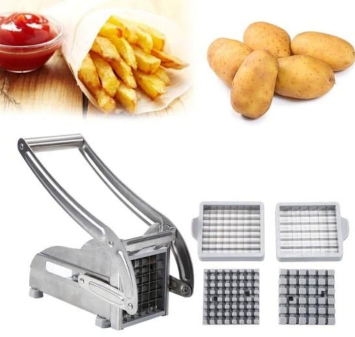 Two Varieties of Blades Stainless Steel Potato and French Fries Cutter: silver, gray potatoes and french fries, functional ki