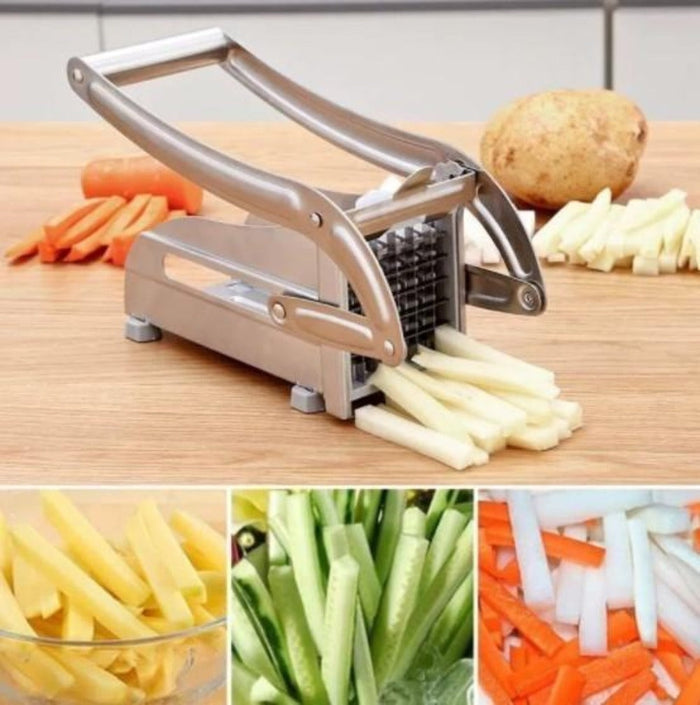 Two Varieties of Blades Stainless Steel Potato and French Fries Cutter: silver, gray potatoes and french fries, functional ki