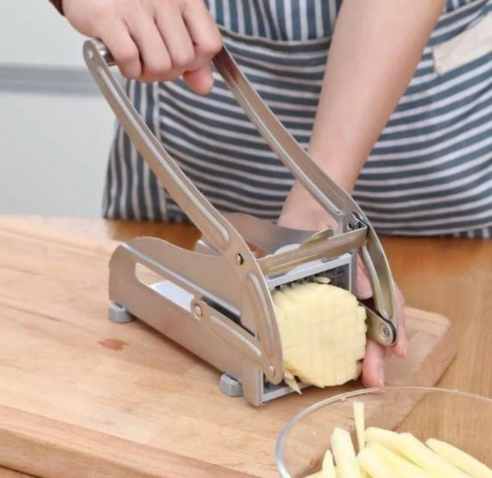 Two Varieties of Blades Stainless Steel Potato and French Fries Cutter: silver, gray potatoes and french fries, functional ki