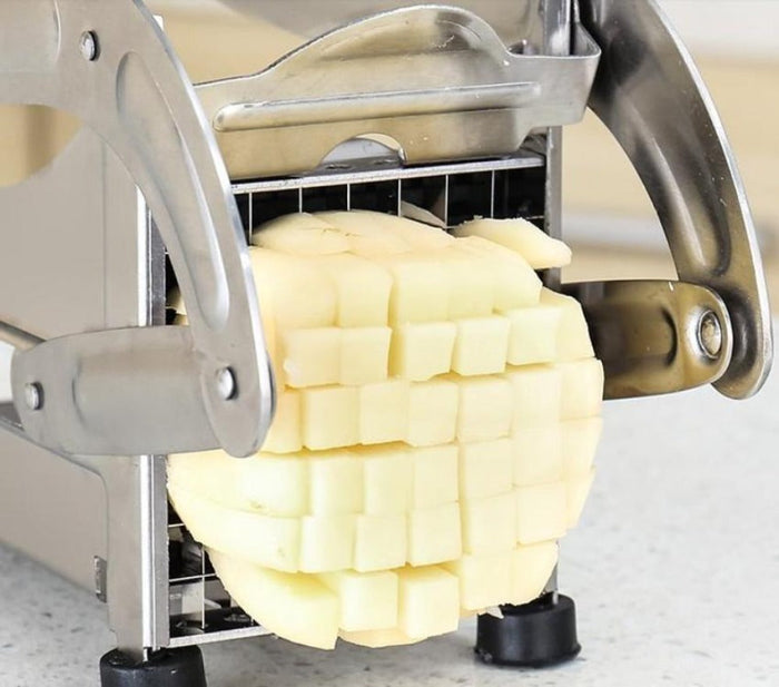 Two Varieties of Blades Stainless Steel Potato and French Fries Cutter: silver, gray potatoes and french fries, functional ki
