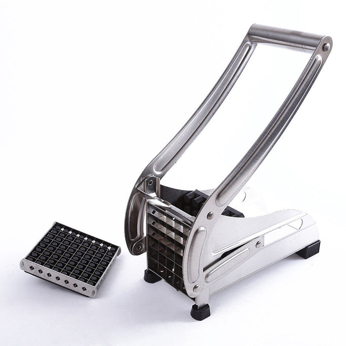 Two Varieties of Blades Stainless Steel Potato and French Fries Cutter: silver, gray potatoes and french fries, functional ki