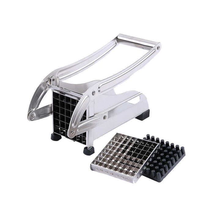 Two Varieties of Blades Stainless Steel Potato and French Fries Cutter: silver, gray potatoes and french fries, functional ki