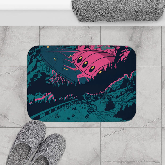 UFO Spacecraft Encountering Rug Décor for Home: dark teal, navy UFO/alien spaceship over a forest landscape, retro sci-fi car