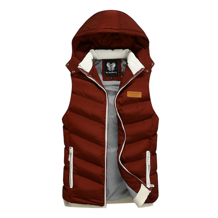Ultra Cozy Winter Hooded Puffy Vest for Men in Vibrant Red: dark red, white hooded padded vest, casual outdoor style