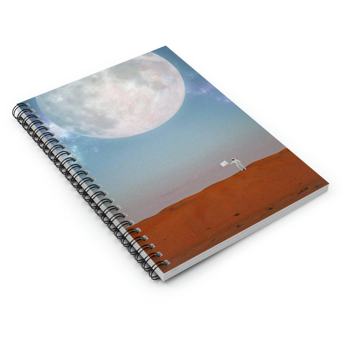 Unknown Planet Astronaut Spiral Notebook: blue, white moon and astronaut space scene, illustrated surreal space art style