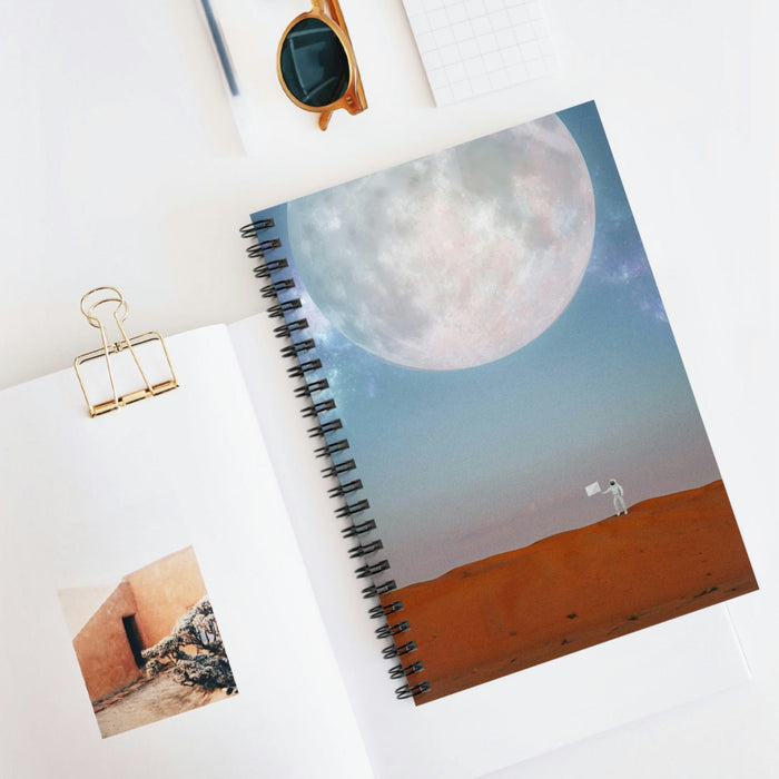 Unknown Planet Astronaut Spiral Notebook: blue, white moon and astronaut space scene, illustrated surreal space art style