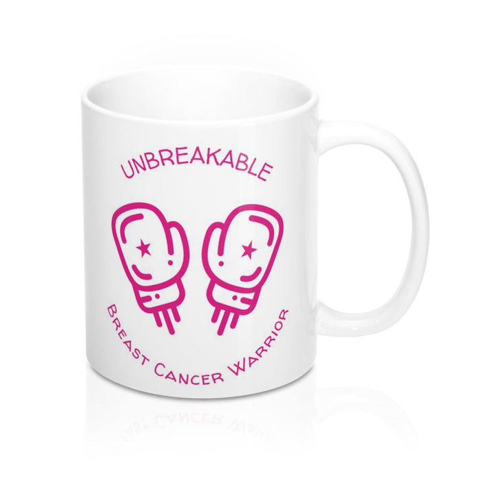 Unyielding Mug for Survivors of Breast Cancer, 11oz: white, pink breast cancer warrior theme, minimal graphic style
