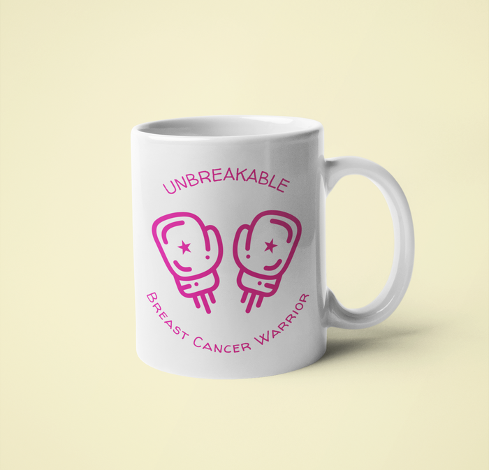 Unyielding Mug for Survivors of Breast Cancer, 11oz: white, pink breast cancer warrior theme, minimal graphic style