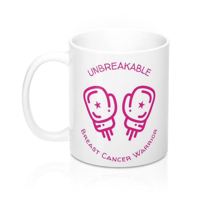 Unyielding Mug for Survivors of Breast Cancer, 11oz: white, pink breast cancer warrior theme, minimal graphic style