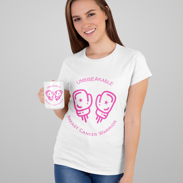 Unyielding Mug for Survivors of Breast Cancer, 11oz: white, pink breast cancer warrior theme, minimal graphic style