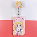 Usagi Tsukino Retractable Card Holder: pink, yellow anime-style blonde girl character, kawaii cartoon anime style