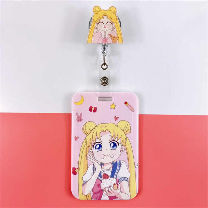 Usagi Tsukino Retractable Card Holder: pink, yellow anime-style blonde girl character, kawaii cartoon anime style