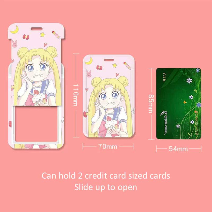 Usagi Tsukino Retractable Card Holder: pink, yellow anime-style blonde girl character, kawaii cartoon anime style