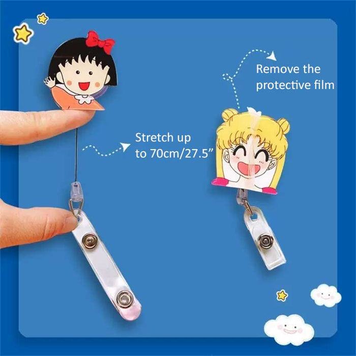 Usagi Tsukino Retractable Card Holder: pink, yellow anime-style blonde girl character, kawaii cartoon anime style