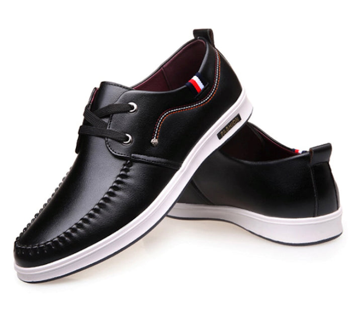 Vegan Leather Boat Shoes for Men: black, white low-top lace-up shoes, casual sneaker-inspired style