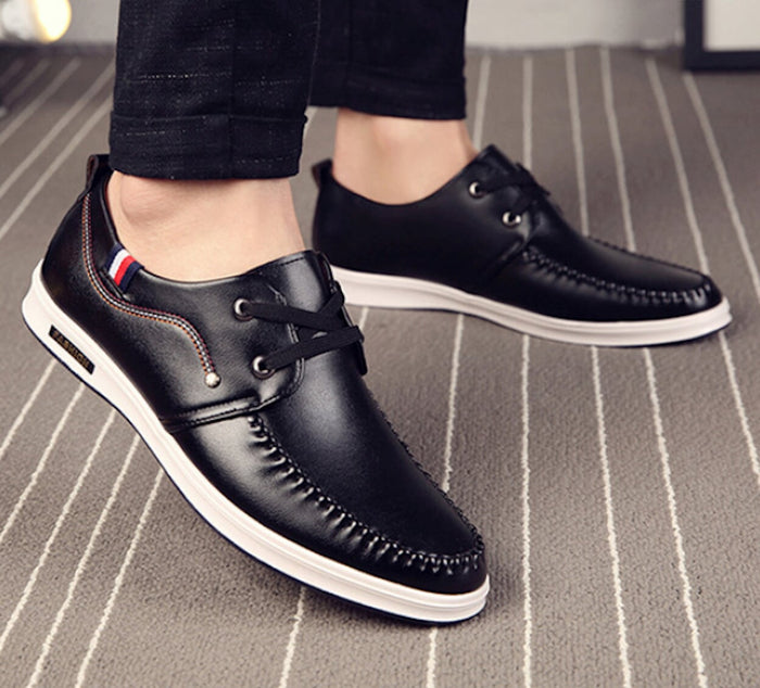 Vegan Leather Boat Shoes for Men: black, white low-top lace-up shoes, casual sneaker-inspired style