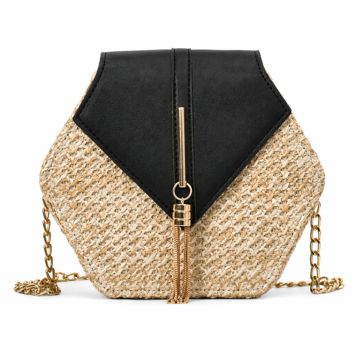 Vegan Leather Covered Mini Straw Handbag Black