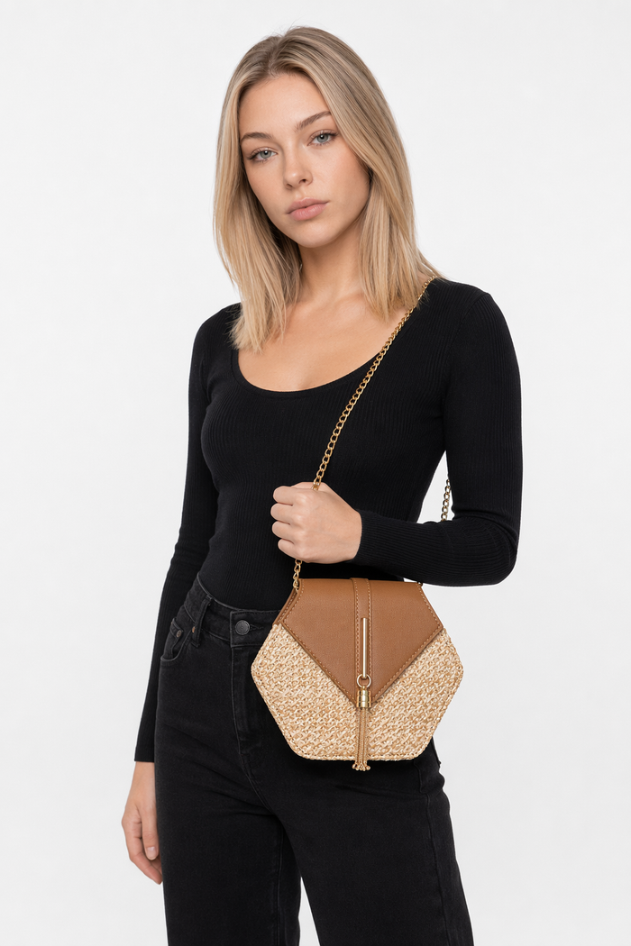 Vegan Leather Covered Mini Straw Handbag Brown